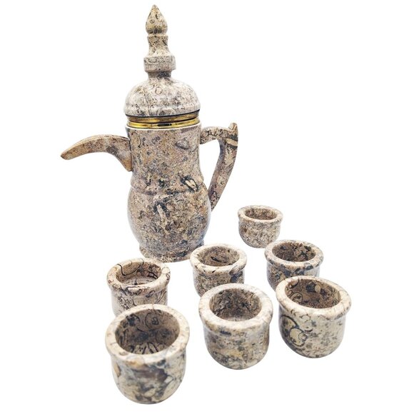 Coffee Teapot Set Stone Vintage Arabic 6 Cups One Additional Cup Heavy Drinkware